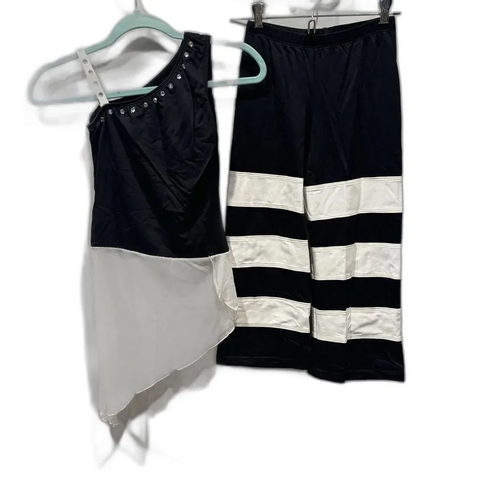 Children's Dance Costume Set sz XL Striped Capri Pants Tank Top Black White